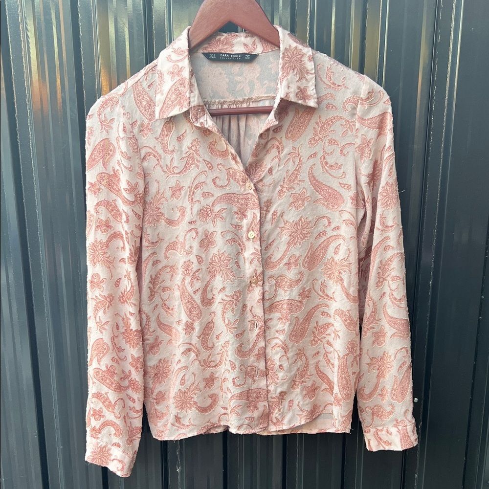 Zara Pink Sheer Paisley Embroidered Cut out Collared Button Up Blouse Boho Coast